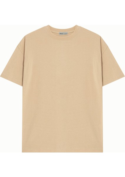 Unisex Bej %100 Pamuk Basic Avrupa Kalıp/oversize Fit Kesim Bisiklet Yaka Kısa Kollu T-Shirt