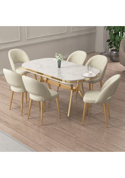 Jita Serisi 90x160 Lak Panel Beyaz Mermer Desen Masa Takımı 6 Krem Sandalye