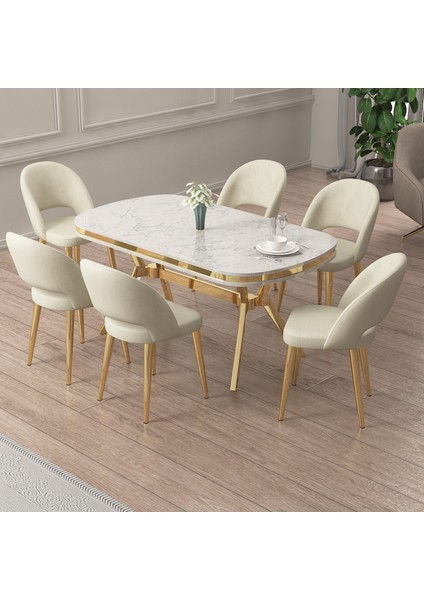 Jita Serisi 90x160 Lak Panel Beyaz Mermer Desen Masa Takımı 6 Krem Sandalye fiyatları