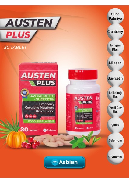 Austen Plus Asbien Cüce Palmiye, Kuersetin, Turna Yemişi ve Bal Kabağı İçeren Takviye Edici Gıda