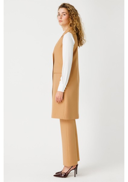 Uzun Yelekli Bluz Pantolon Takım Camel modelleri