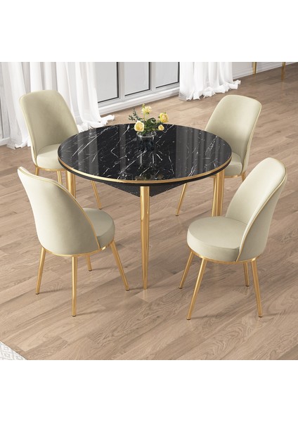 Osle Serisi 80X132 Sabit Siyah Mermer Desen Mutfak Masa Takımı 4 Sandalye Gold Detay