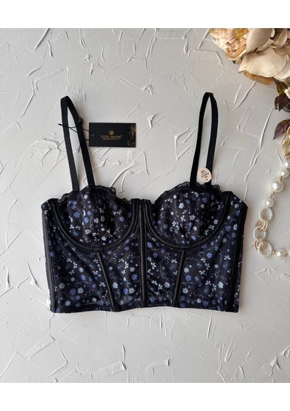 Luna Siyah Lacivert Balenli Çiçek Desenli Korse Sütyen/büstiyer