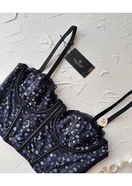 Luna Siyah Lacivert Balenli Çiçek Desenli Korse Sütyen/büstiyer fiyatları