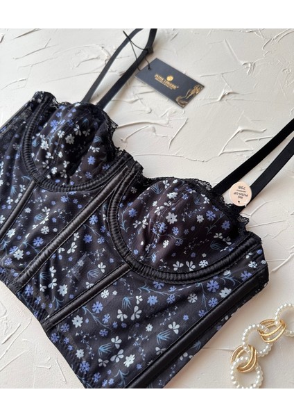 Luna Siyah Lacivert Balenli Çiçek Desenli Korse Sütyen/büstiyer modelleri