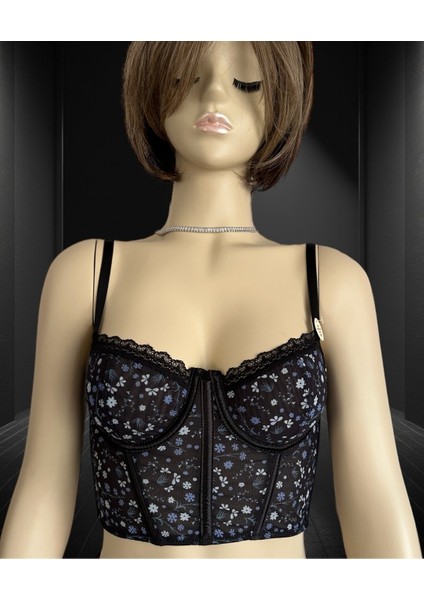 Luna Siyah Lacivert Balenli Çiçek Desenli Korse Sütyen/büstiyer fırsatları
