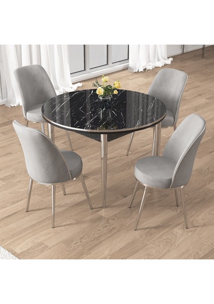 Osle Serisi 80X132 Sabit Siyah Mermer Desen Mutfak Masa Takımı 4 Sandalye Krom Detay