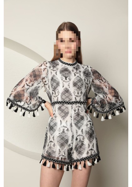 Tül Kumaş Baskılı Kadın Tulum - Siyah