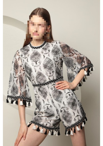 Tül Kumaş Baskılı Kadın Tulum - Siyah modelleri