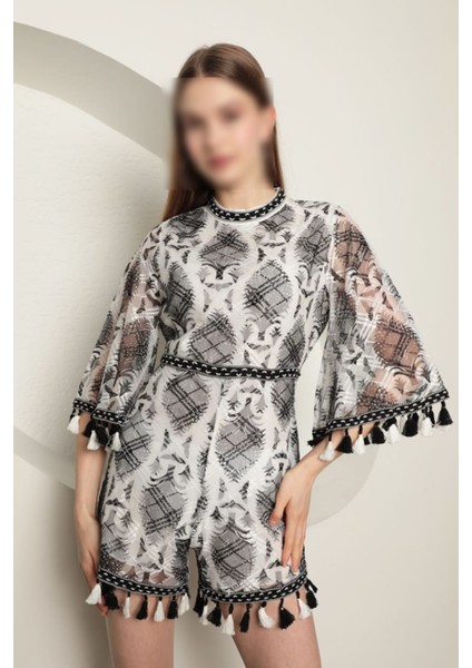 Tül Kumaş Baskılı Kadın Tulum - Siyah fırsatları