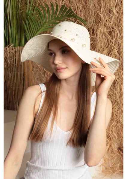 Hasır Şapka Plaj Şapkası Üzeri Incili Hasır Şapka Balayı Şapkası