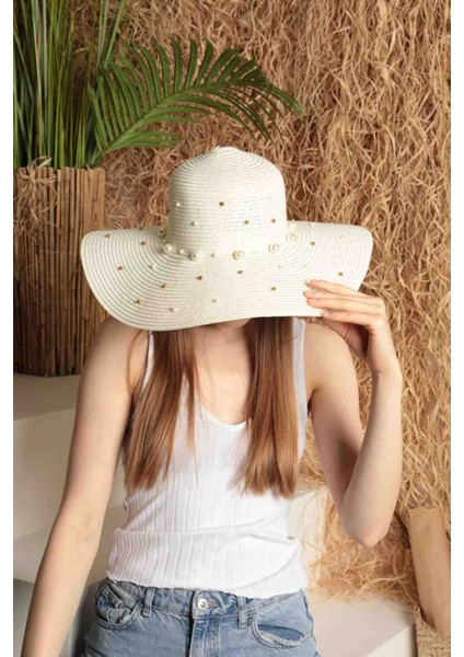 Hasır Şapka Plaj Şapkası Üzeri Incili Hasır Şapka Balayı Şapkası modelleri