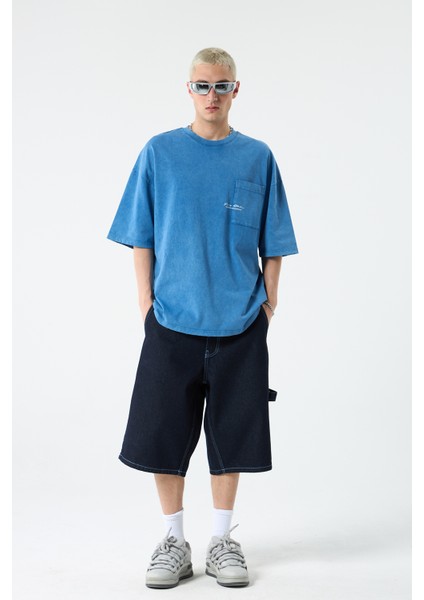 Cep Detaylı Yıkamalı Oversıze T-Shırt-Indigo