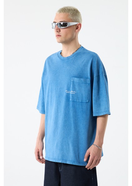 Cep Detaylı Yıkamalı Oversıze T-Shırt-Indigo fiyatları