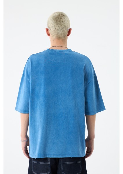 Cep Detaylı Yıkamalı Oversıze T-Shırt-Indigo fırsatları