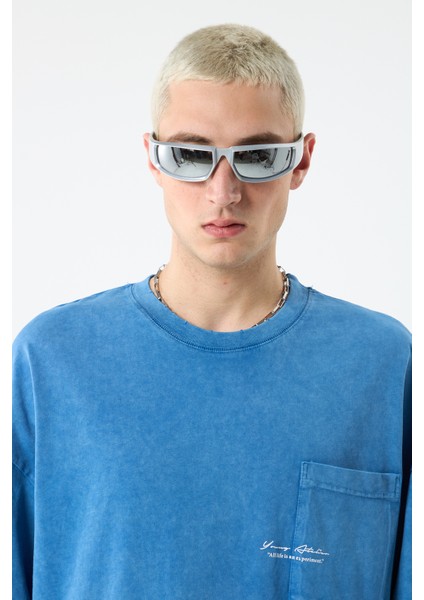 Cep Detaylı Yıkamalı Oversıze T-Shırt-Indigo indirimleri