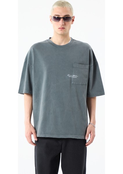 Cep Detaylı Yıkamalı Oversıze T-Shırt-Füme