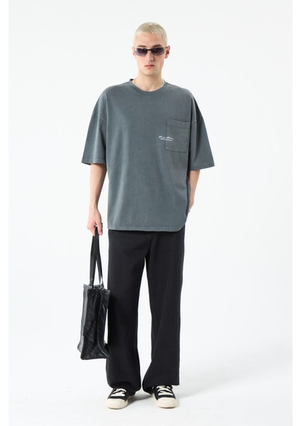 Cep Detaylı Yıkamalı Oversıze T-Shırt-Füme modelleri
