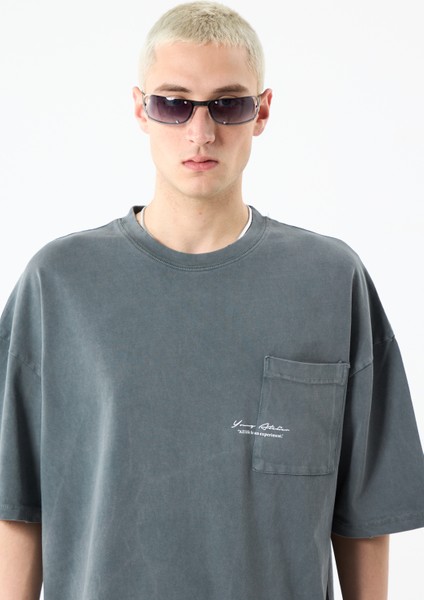 Cep Detaylı Yıkamalı Oversıze T-Shırt-Füme fırsatları