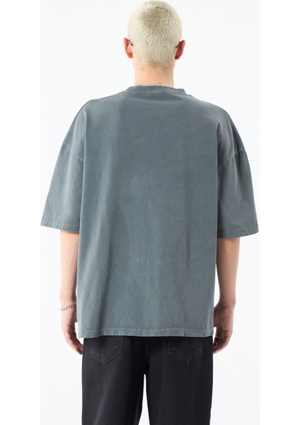 Cep Detaylı Yıkamalı Oversıze T-Shırt-Füme indirimleri