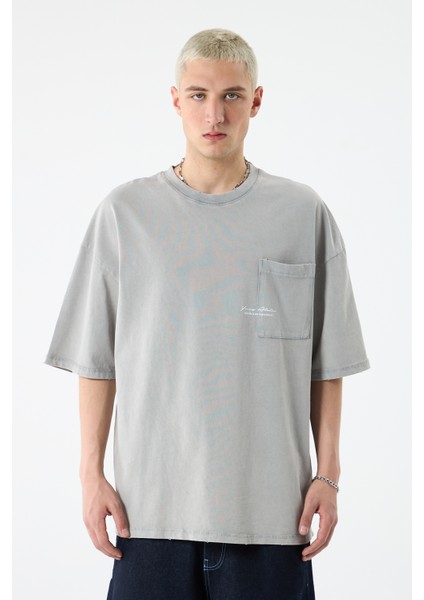 Cep Detaylı Yıkamalı Oversıze T-Shırt-Gri