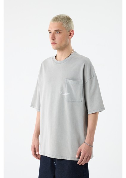 Cep Detaylı Yıkamalı Oversıze T-Shırt-Gri fiyatları