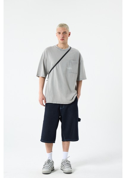 Cep Detaylı Yıkamalı Oversıze T-Shırt-Gri modelleri