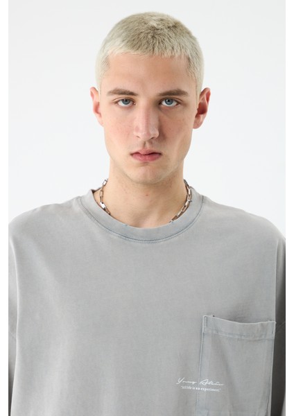 Cep Detaylı Yıkamalı Oversıze T-Shırt-Gri fırsatları