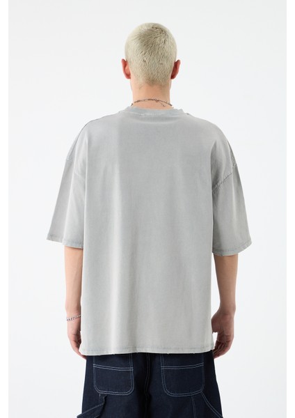 Cep Detaylı Yıkamalı Oversıze T-Shırt-Gri indirimleri