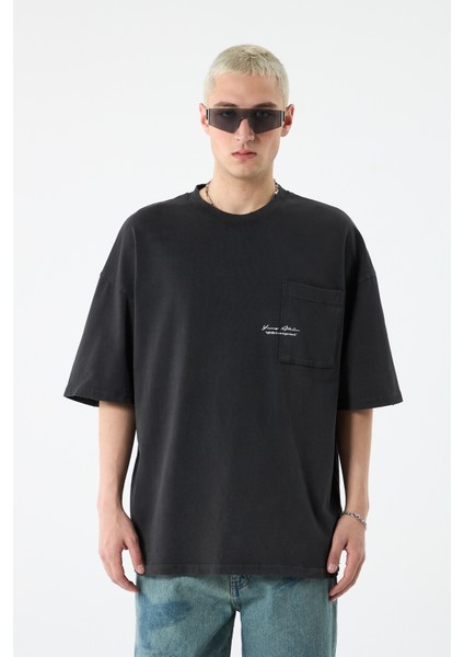 Cep Detaylı Yıkamalı Oversıze T-Shırt-Siyah