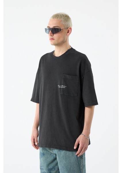 Cep Detaylı Yıkamalı Oversıze T-Shırt-Siyah fiyatları