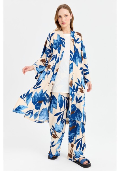 Sarmaşık Desen Baskılı Kimono Takım Mavi modelleri