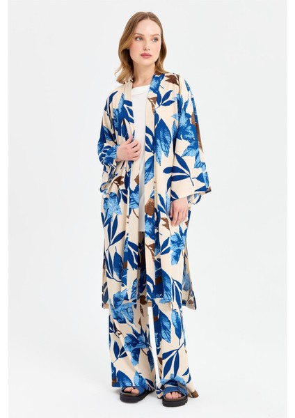 Sarmaşık Desen Baskılı Kimono Takım Mavi fırsatları