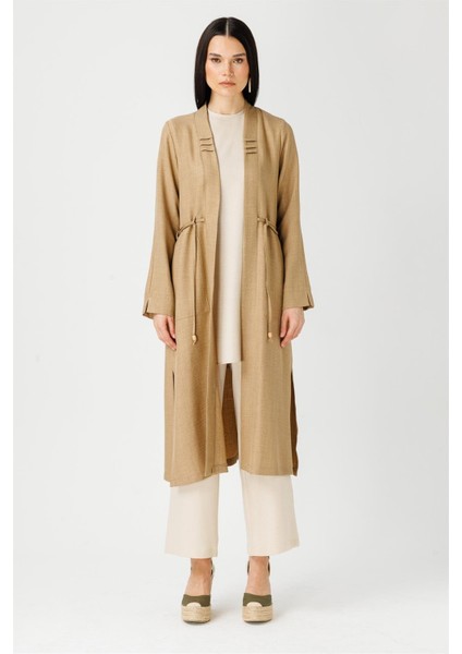Bağcık Detaylı Tunik Ceket Pantolon Takım Camel