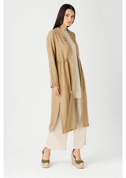 Bağcık Detaylı Tunik Ceket Pantolon Takım Camel