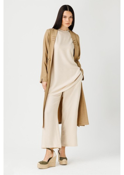 Bağcık Detaylı Tunik Ceket Pantolon Takım Camel