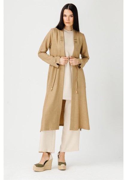 Bağcık Detaylı Tunik Ceket Pantolon Takım Camel