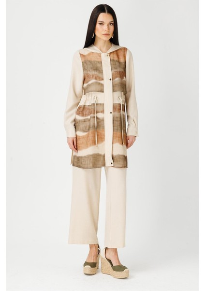 Baskılı Keten File Garnili Kapişonlu Giy Çık Taba