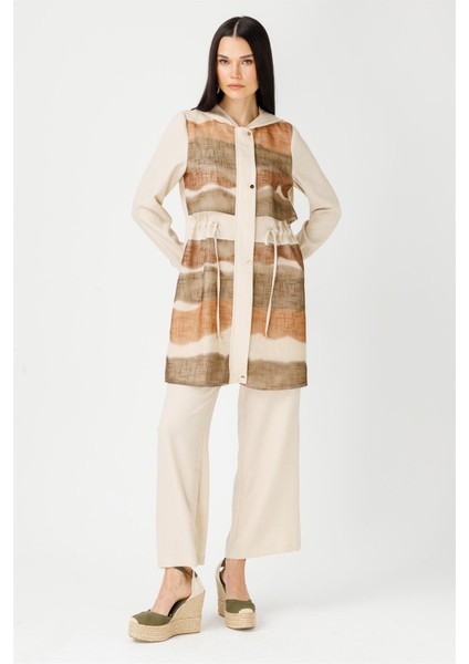 Baskılı Keten File Garnili Kapişonlu Giy Çık Taba modelleri