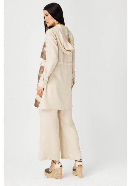 Baskılı Keten File Garnili Kapişonlu Giy Çık Taba fırsatları