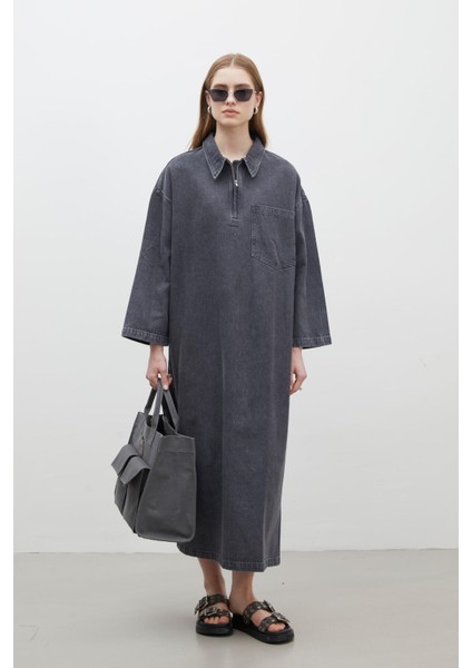 Yaka Detaylı Denim Elbise Antrasit
