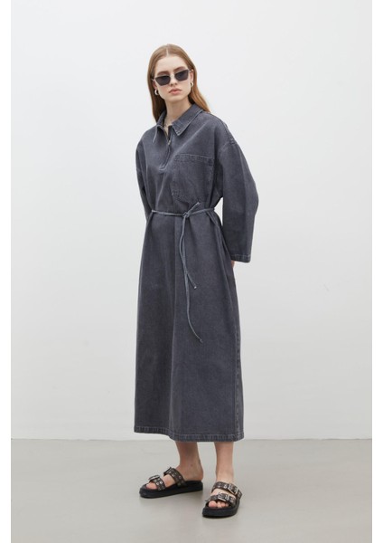 Yaka Detaylı Denim Elbise Antrasit fiyatları