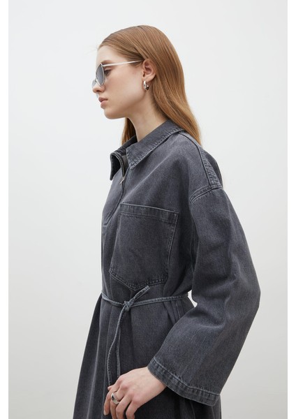 Yaka Detaylı Denim Elbise Antrasit modelleri