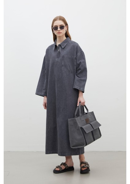 Yaka Detaylı Denim Elbise Antrasit fırsatları