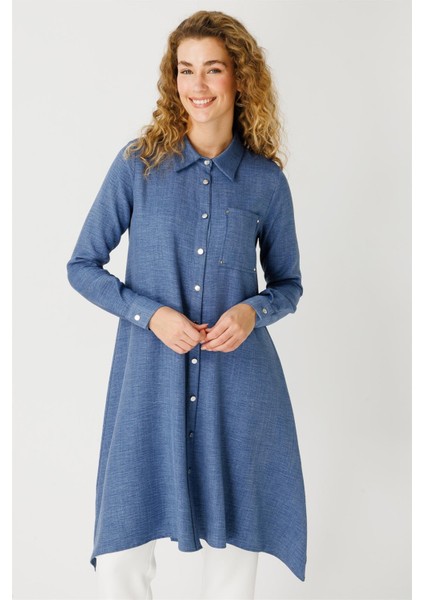 Cep Detaylı Asimetrik Kesim Tunik Indigo