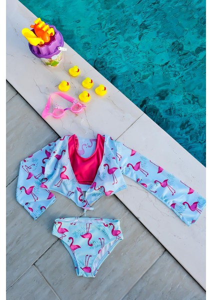 Kız Çocuk Flamingo Desenli Pareolu Bikini Takımı 3'lü Set