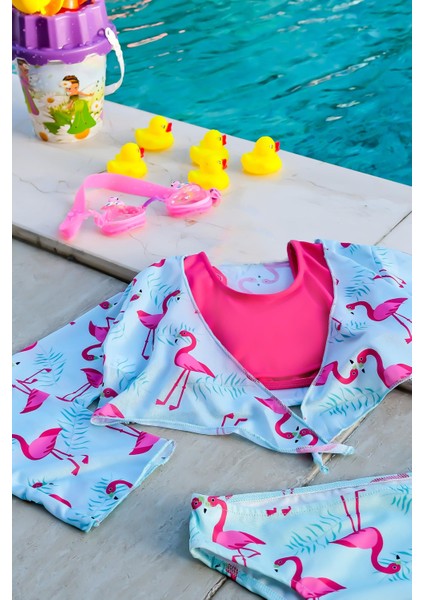 Kız Çocuk Flamingo Desenli Pareolu Bikini Takımı 3'lü Set