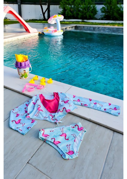 Kız Çocuk Flamingo Desenli Pareolu Bikini Takımı 3'lü Set