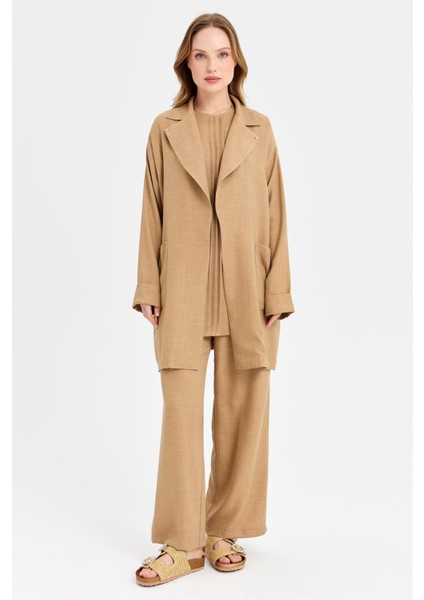 Kırma Detaylı Bluz Ceket Pantolon Takım Camel