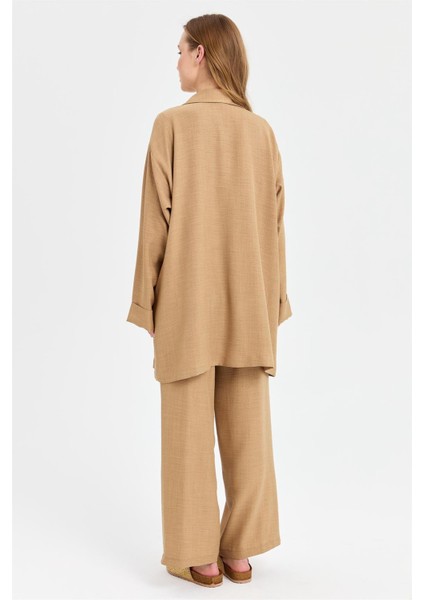 Kırma Detaylı Bluz Ceket Pantolon Takım Camel